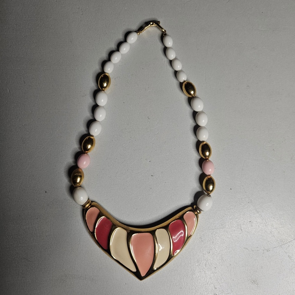 Vintage Napier Gold Tone Enamel‎ Bib Necklace Pink White Beaded Collar 80s Retro - Picture 1 of 6